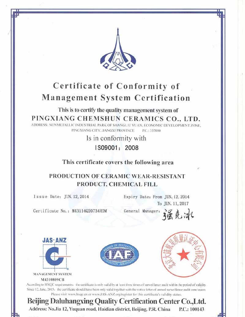 Pingxiang chemshun ceramics : ISO 9001