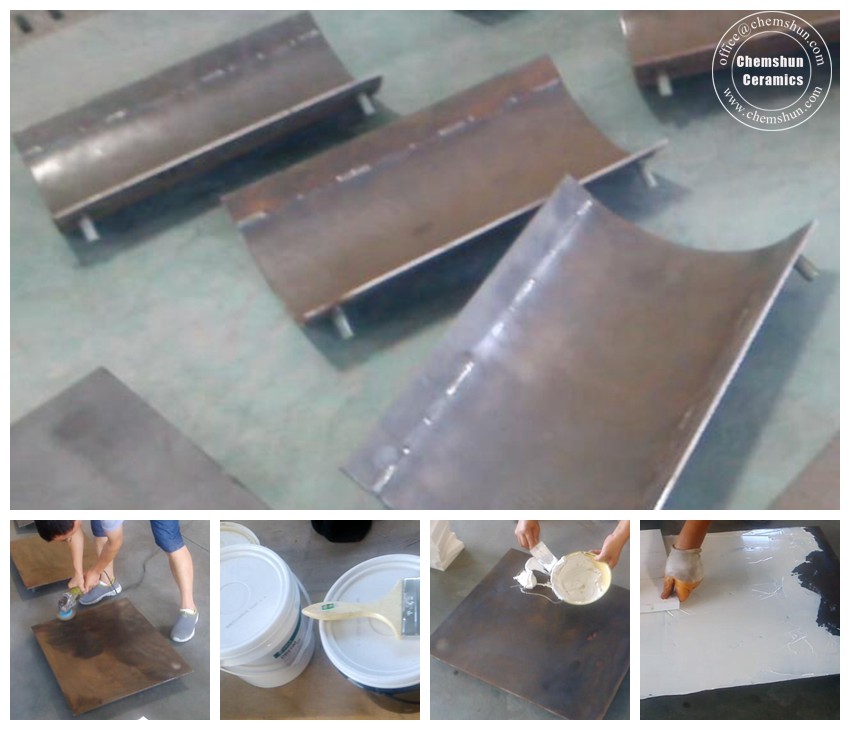 Different from wear ceramic liner construction, Chemshun alumina ceramics lined steel sheet is that alumina ceramic lining pastes in the steel sheet with epoxy resin adhesive, this finished ceramic lined steel plate is easy to be installed with bolt or welding , which greatly helps users to save installation time 